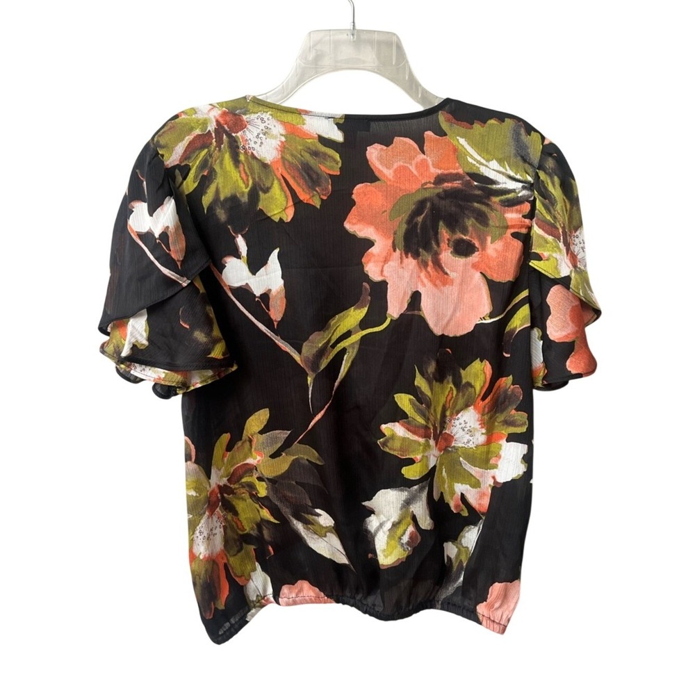 Vince Camuto Black Floral Wrap Style V Neck Short Sleeve Blouse Womens Medium - Picture 2 of 6